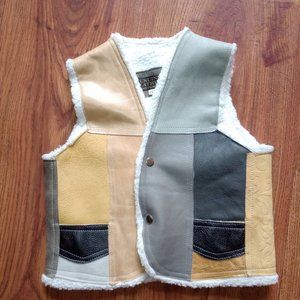 Kids Hand Tooled leather vest patchwork Sherpa lined